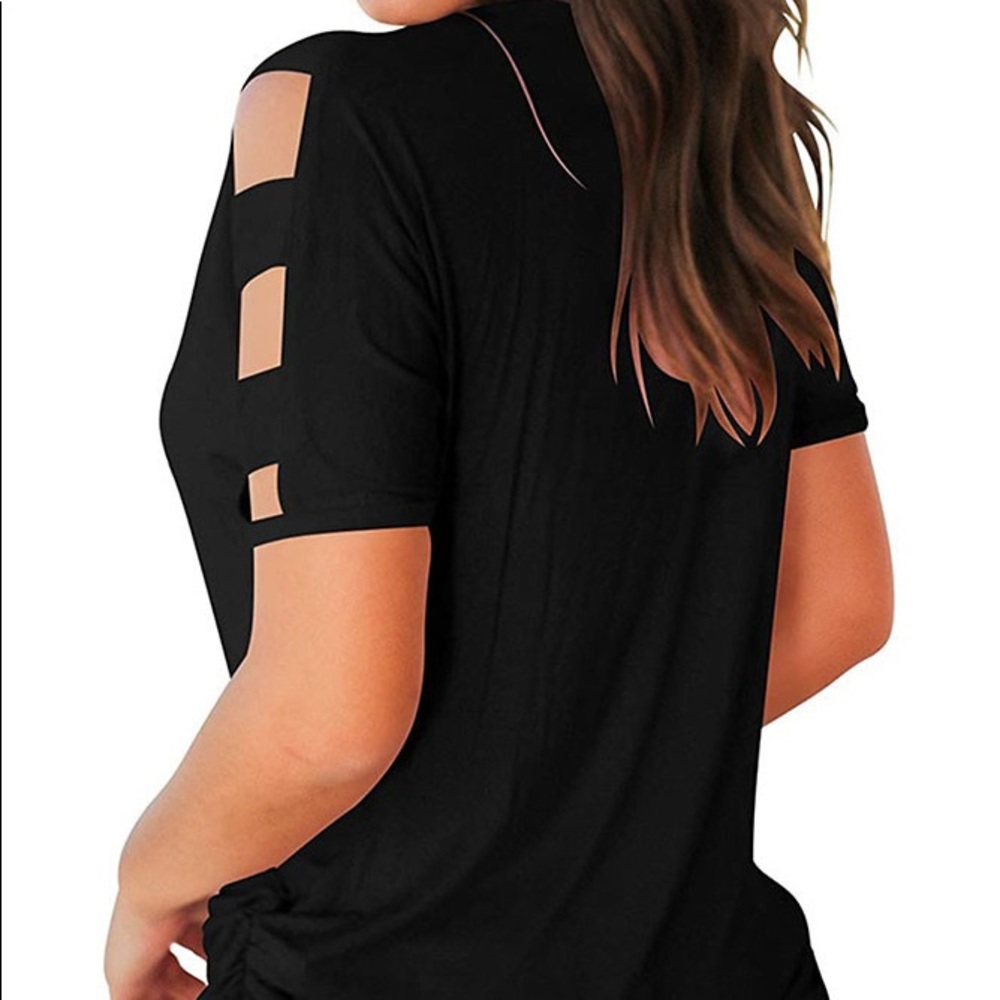 Black Cut Out Sleeve V Neck T-shirt - Picture 3 of 11